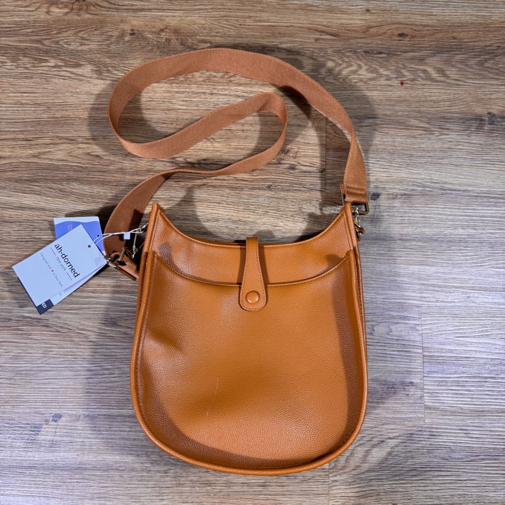 Ah-dorned Vegan Leather Crossbody Bag Cognac Brown Messenger Guitar Strap NWT